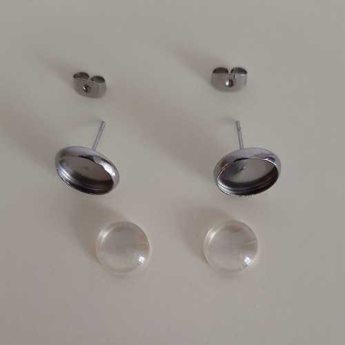 EARRING BASES with GLASS LENS 12 mm Stainless Steel